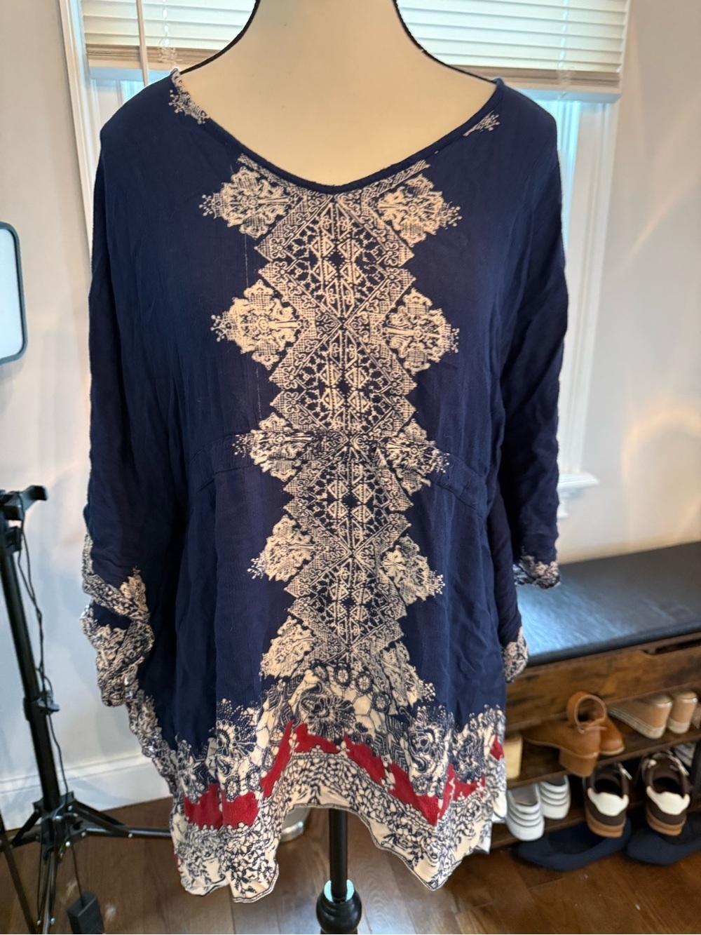 Angie Navy Tunic Top with White Embroidery and Red Hem Accent Sz small Stretchy